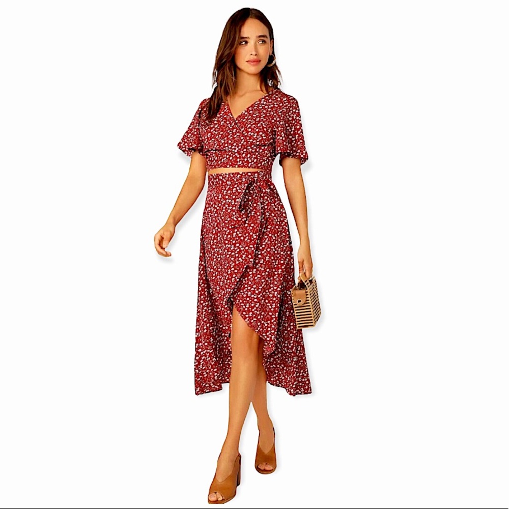 NWOT Red Floral Crop Top and Wrap Skirt 2pc Set [XS]